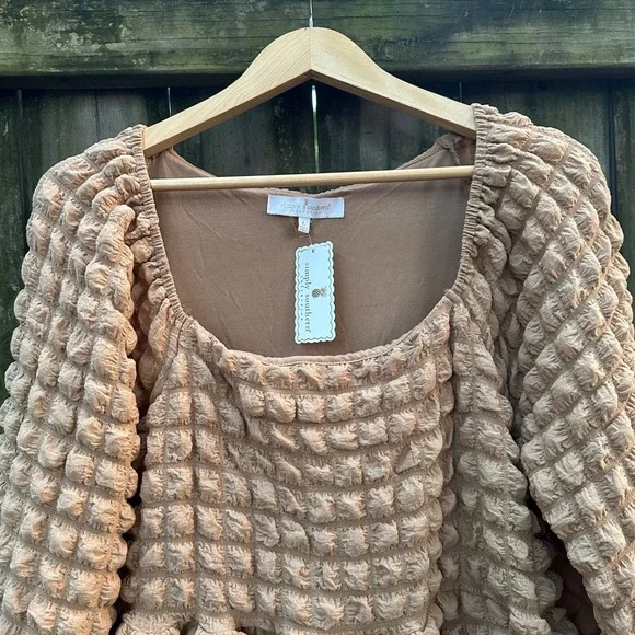 NWT Simply Southern Long Sleeve Tiered Bubble Mini Dress Puff Tan Brown Sz Large - Picture 3 of 12